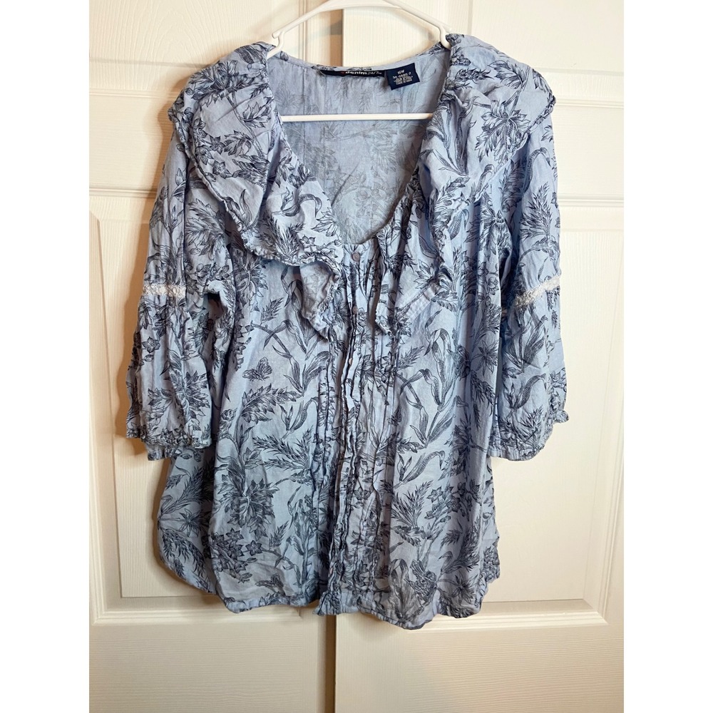 Denim 24/7 Blue Floral Ruffle Neck Lace Trim Cottagecore Blouse